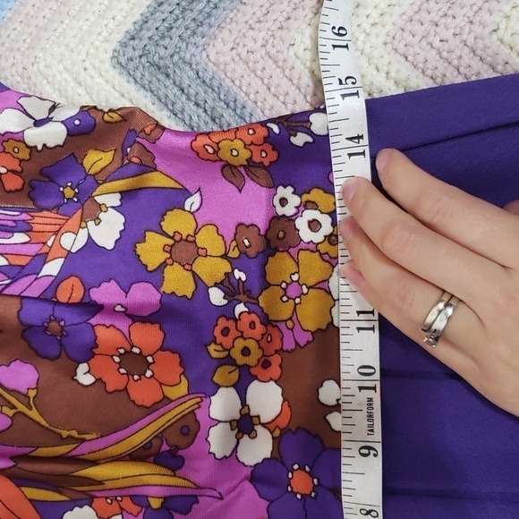 Vintage purple floral and peacocks pleated long sleeve dress - Picture 8 of 11